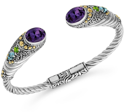 Pre-owned Devata Bali Sterling Silver Bracelet 18k Gold Amethyst Topaz Dhk3585am Small In Silver, Gold, Purple, Blue, Green