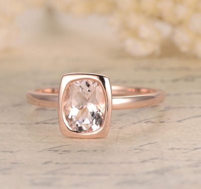 Pre-owned Logr Cushion Cut 6x8mm Morganite 14k Rose Gold Bezel Solitaire Engagement Ring In Pink