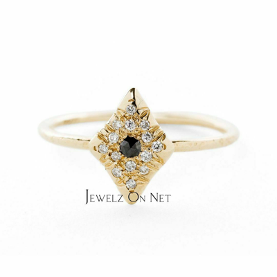 Pre-owned J.o.n 14k Gold 0.09 Ct. Genuine White - Black Diamond Rhombus Design Ring Fine Jewelry