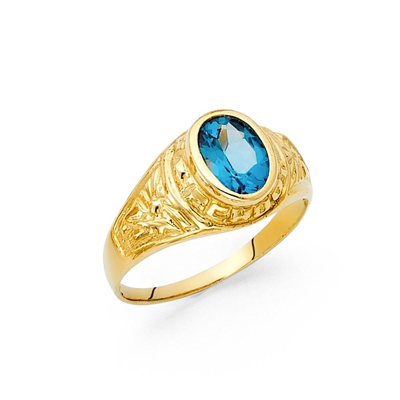 Pre-owned Gemapex Blue Cz Ring Solid 14k Yellow Gold Mens Band Oval Cz Greek Design Stylish Fancy