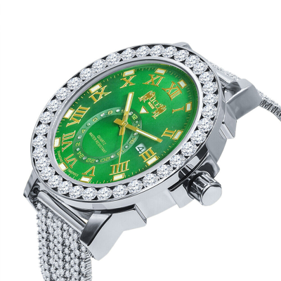 Pre-owned Ice House Emerald Green Solitaire Real Diamond White Gold Tone Roman Dial Band Bezel Watch