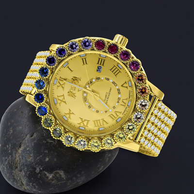 Pre-owned Ice House Rainbow Multi Tone Solitaire Roman Numeral Diamond Dial Men's Custom 55mm Watch