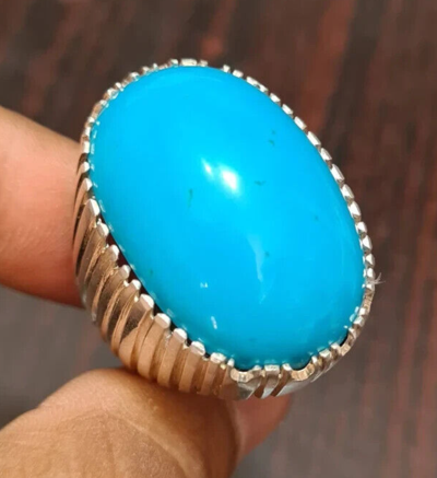 Pre-owned Handmade Mens Big Feroza Ring In Real Sterling Silver 925 Mens Jambo Size Turquoise Ring