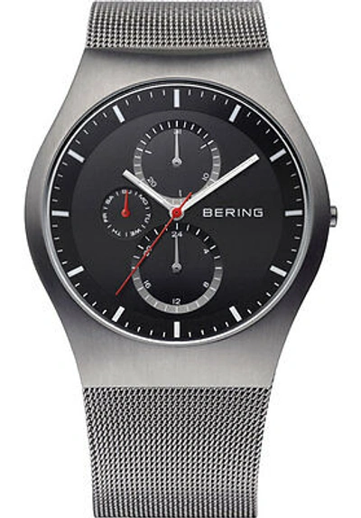 Pre-owned Bering Men 11942-372 Classic Black Dial Gray Ss Watch Stainless Steel Mesh Band