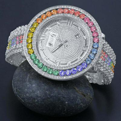 Pre-owned Ice House Mens Custom Watch Rainbow Multi Tone Real Diamond Dial 18k White Gold Finish Xxl