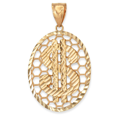 Pre-owned La Blingz 10k Gold Dollar Sign Oval Dc Honeycomb Pendant In Yellow Gold