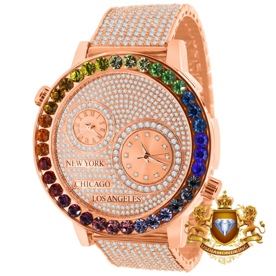 Pre-owned Ice House Rose Gold Finish Rainbow Multi Tone Chronograph Real Diamond Dial Men's Xl Watch