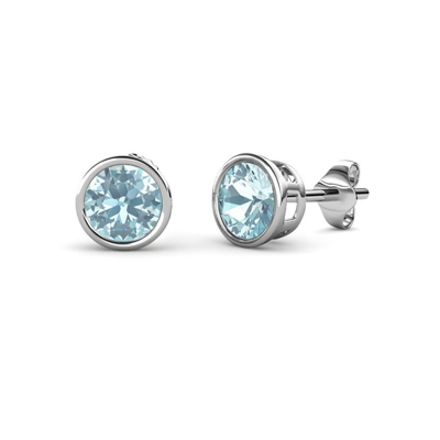 Pre-owned Trijewels Aquamarine 4mm Bezel Set Solitaire Stud Earrings 0.40 Ctw 14k Gold Jp:64617