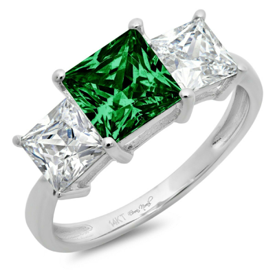 Pre-owned Pucci 3ct Princess 3 Stone Simulated Emerald Stone Promise Wedding Ring 14k White Gold In Green