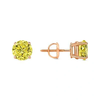 Pre-owned Shine Brite With A Diamond 2 Ct Round Cut Canary Earrings Studs Solid Real 14k Rose Gold Screw Back Basket In Pink