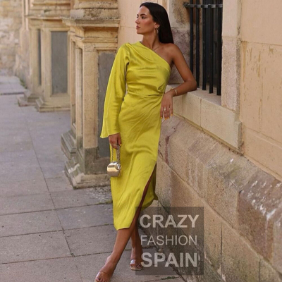 Pre-owned Zara Woman Ss22 Lime Green Satin Effect Asymmetric Dress All  Sizes 7771/451