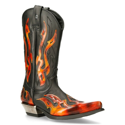 Pre-owned Rock 7921-s2 Leather Black Red Flame Cowboy Leather Gohic Punk  Boots