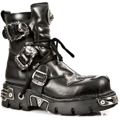 Pre-owned Rock 407-s1 Silver Cross Boots Black Leather Gothic Punk Biker Shoes