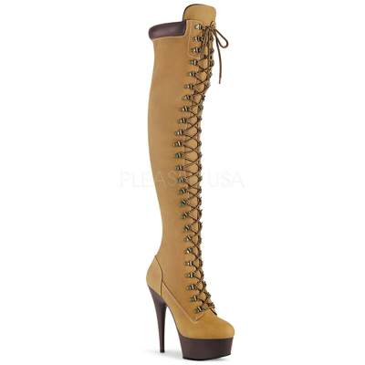 Pre-owned Pleaser Tan Brown Lace Up Thigh High Stripper Dance Construction Nicki Minaj Style Boots