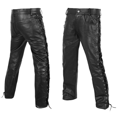 Pre-owned Defy Sports Defy Men's Motorbike Cow Leather Jeans Style Side Laces Nightclub Pant 28" - 46" In Black