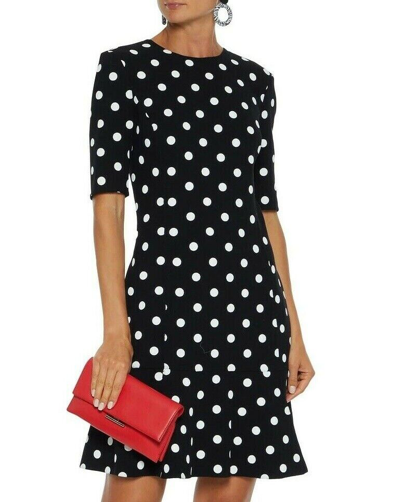 Pre-owned Oscar De La Renta $2390  Fluted Polka Dot Wool Mini Black Dress 6