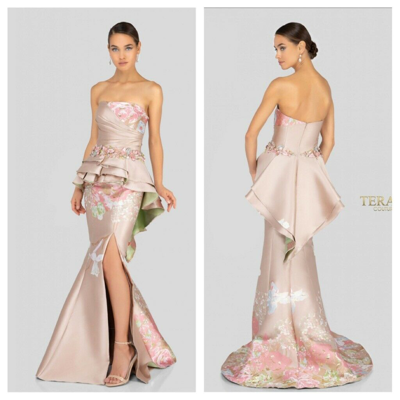 Pre-owned Terani Couture Terani 1911e9100 Champagne-gold Strapless Gown With 3d Appliqué Msrp$790 In Yellow