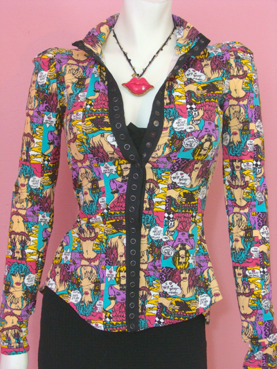 Pre-owned Betsey Johnson Cartoon Peplum Jacket Top Wink Marilyn Face Art Drawings P S M L In Pink Purple Blue White Green Yellow