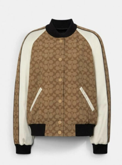 Pre-owned Coach Monogram Signature Reversible Souvenir Bomber Jacket W/horse & Carriage S In Brown