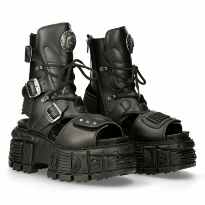 Pre-owned Rock Boots Bios107-v1 Black Vegan Leather Unisex Platform Sandal Biker Goth