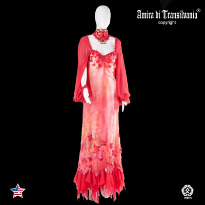 Pre-owned Amira Di Transilvania Women Clothing Dress Long Luxury Brand Embroidered Red Flowers Silk Sequins Set