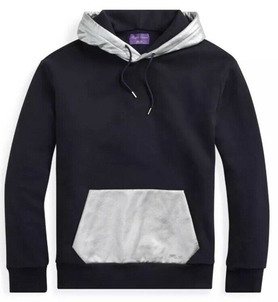Pre-owned Ralph Lauren Purple Label Rlx Color Blocked Silver Foil Hoodie Navy Sweatshirt In Blue