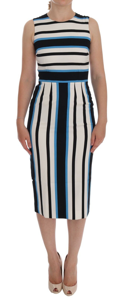 Pre-owned Dolce & Gabbana Dress Blue White Striped Silk Stretch Sheath It38 /us4 Rrp $1900 In Multicolor