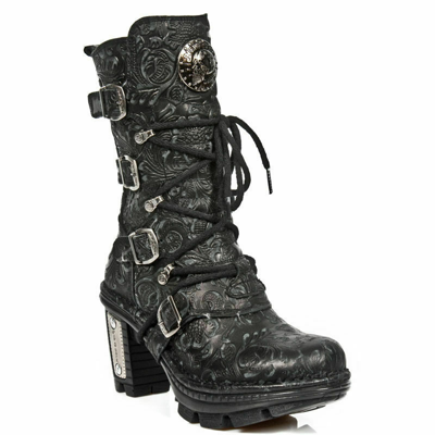 Pre-owned Rock Neotr005-s25 Vintage Floral Black Gothic  Punk Ladies Leather Boots