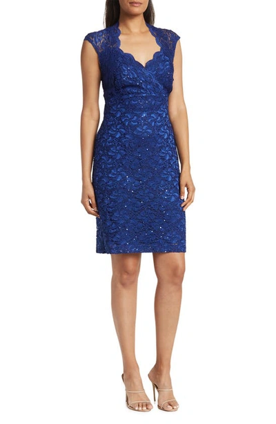 Connected Apparel Stretch Lace Dress With Open Back In Sapphire