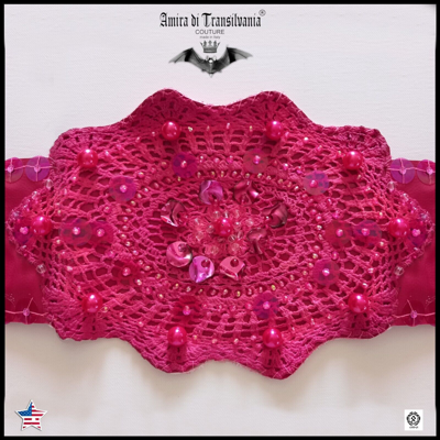 Pre-owned Amira Di Transilvania Women Accessories Big Belt Rhinestones Faux Leather Crochet Pink Sequins Luxury
