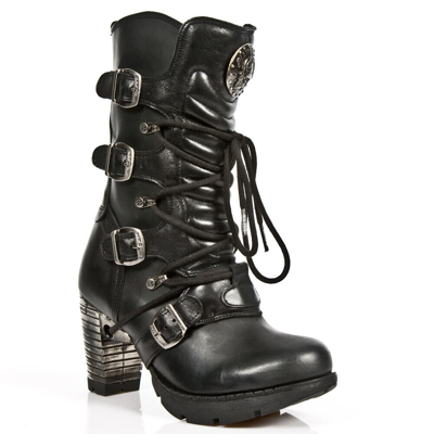Pre-owned Rock Boots Tr003-s1 Ladies Metallic Black Leather Biker Heel Goth Punk Shoes