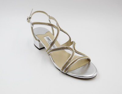Pre-owned Jimmy Choo Women's Nickel 35 Silver Metallic Leather Chain Heel Sandal Size 38.5