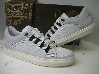 Pre-owned Roberto Cavalli Us 11 Eu 44 Lace White Gray Suede Leather Sneakers Shoes Box In White/gray