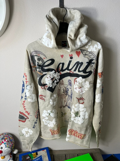 Pre-owned Saint Michael Denim Tears Cotton Wreath Graffiti Hoodie In Blue