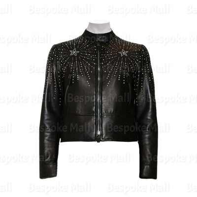 Pre-owned Handmade Women's Black Silver Studded Punk Unique Brando Cowhide Leather Jacket-264
