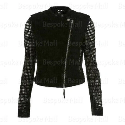Pre-owned Handmade Women Black Silver Studded On Sleeves Brando Style Suede Leather Jacket-913