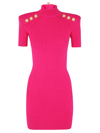 Balmain Mock-neck Button Strong-shoulder Knit Mini Dress In Pink