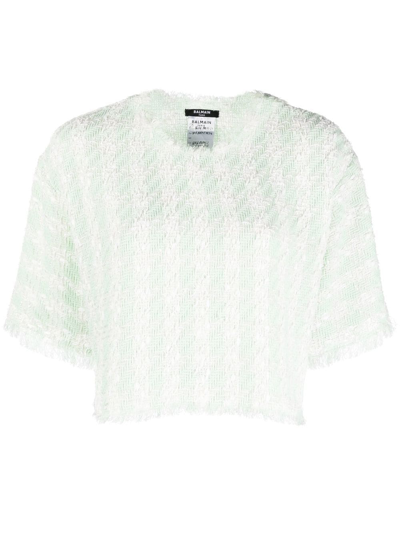 Balmain Tweed Check Cropped T-shirt In Green