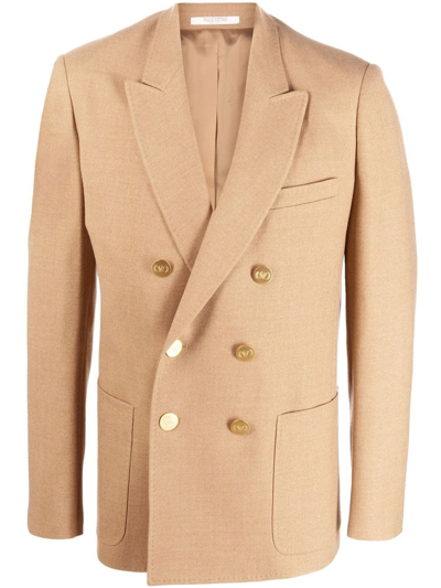 Valentino Double-breasted Wool Blazer In Beige