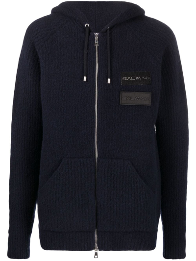 Balmain Logo-patches Zipped Hoodie In Blue