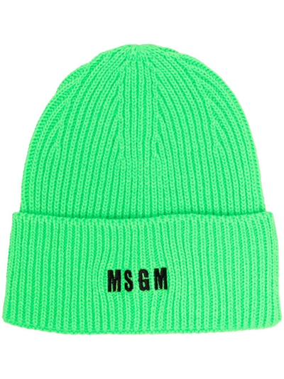 Msgm Logo-embroidered Beanie In Green