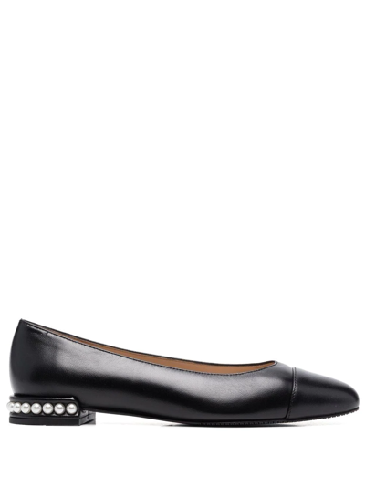 Stuart Weitzman Pearl Faux Pearl-embellished Leather Ballet Flats In Black