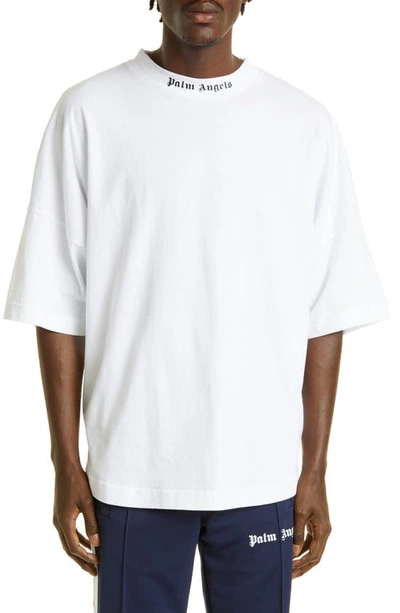 Palm Angels Classic Logo Oversize Cotton Tee In White Black