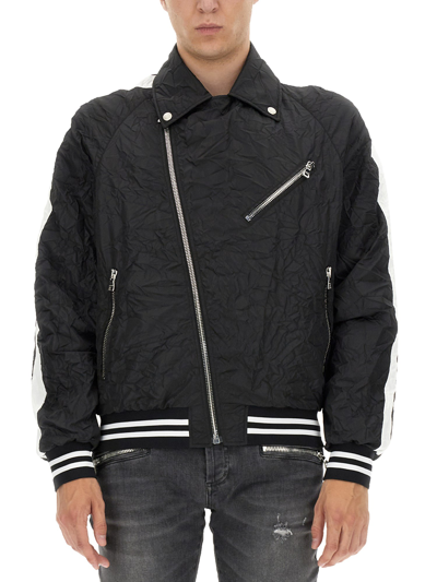 Balmain Padded Striped Crinkled-shell Bomber Jacket In Black