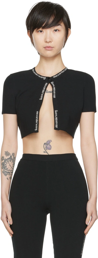 Alexander Wang T Logo Jacquard Trim Cropped Short-sleeved Bodycon Cardigan In Black