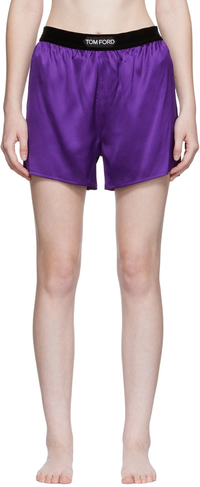 Tom Ford Logo Silk Satin Mini Shorts In Purple