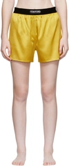 Tom Ford Logo Silk Satin Mini Shorts In Green,yellow