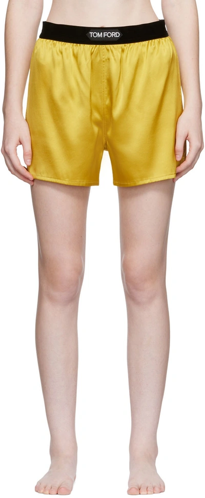 Tom Ford Logo Silk Satin Mini Shorts In Green,yellow