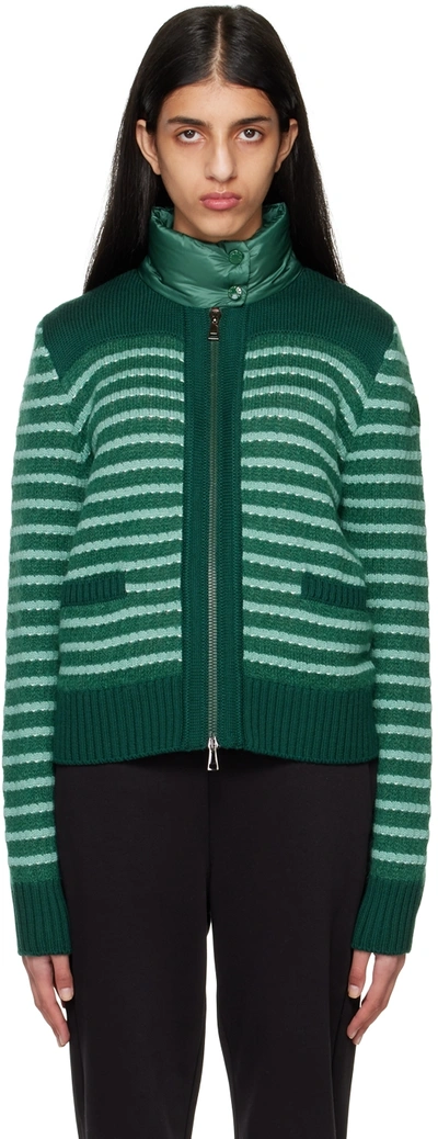 Moncler Striped Wool-blend And Quilted Shell Cardigan In Green