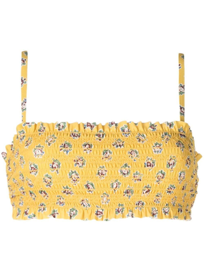 Tory Burch Smocked Floral-print Bikini Top In Yellow